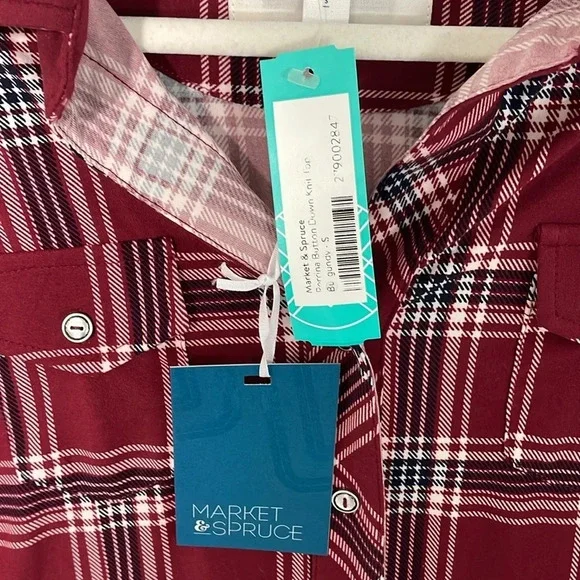 Market & Spruce Perrina Button Down Knit Top 3/4 Burgundy Plaid Women Size Small - Picture 4 of 11